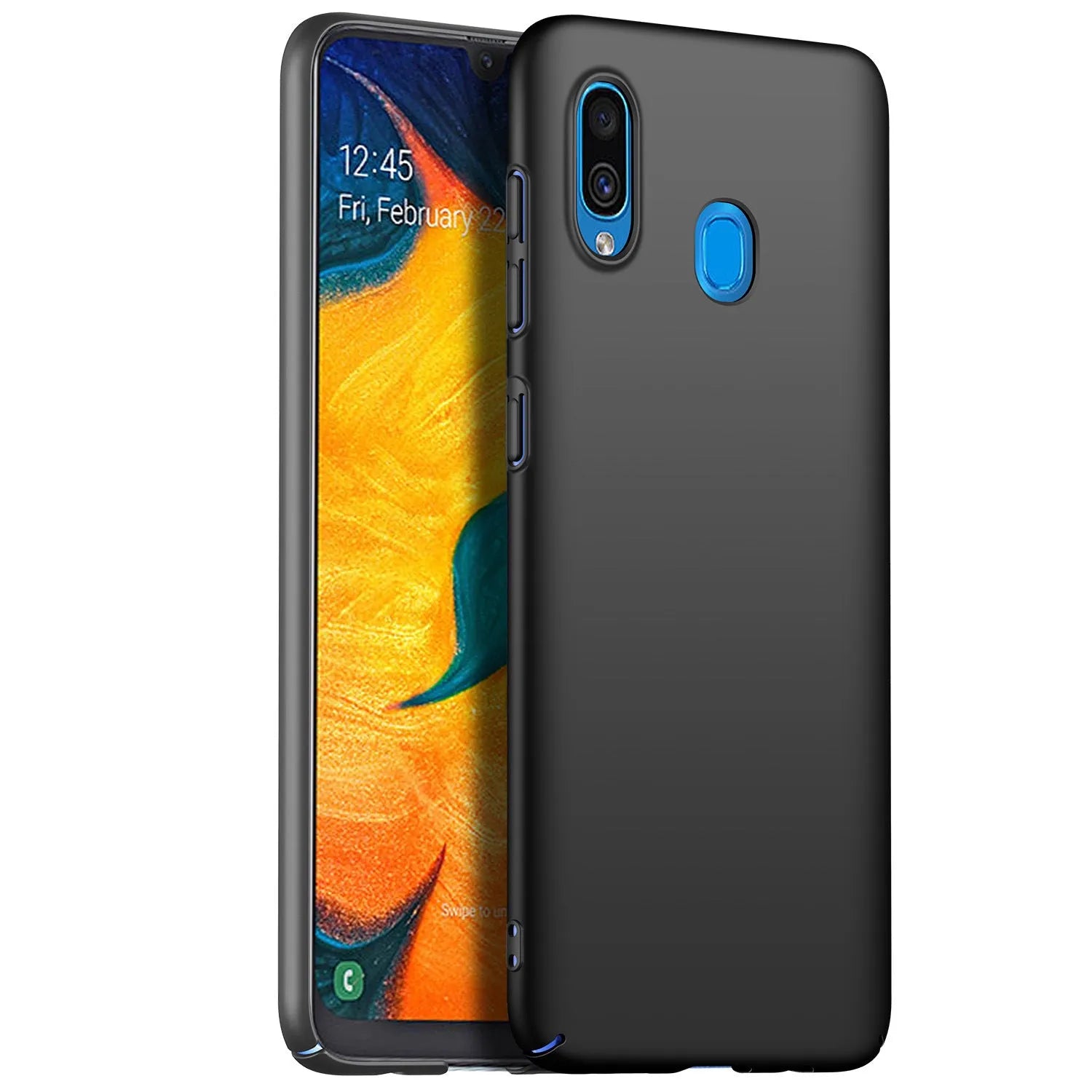 Galaxy A20 frosted PC phone case in Graphite Black shown as back cover