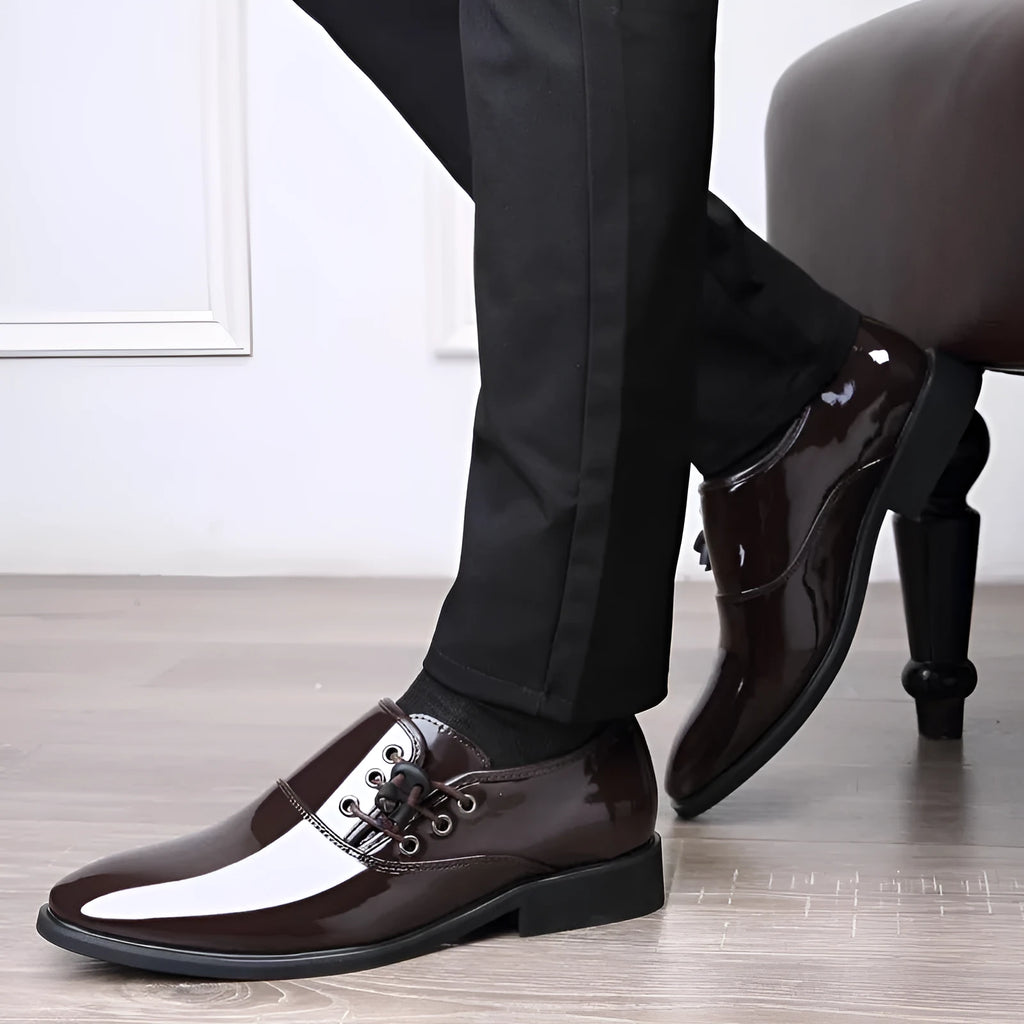 Men's black and brown formal business shoes with round toe, square heel, and slip-on design