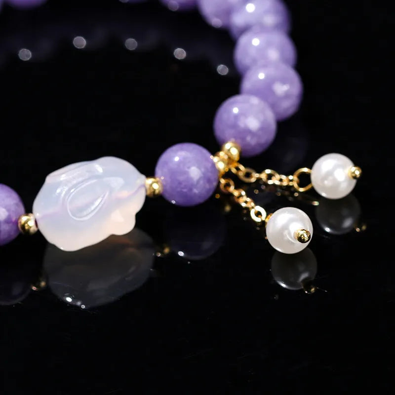 Purple aquamarine and agate stone bracelet with a geometric rabbit charm for women.