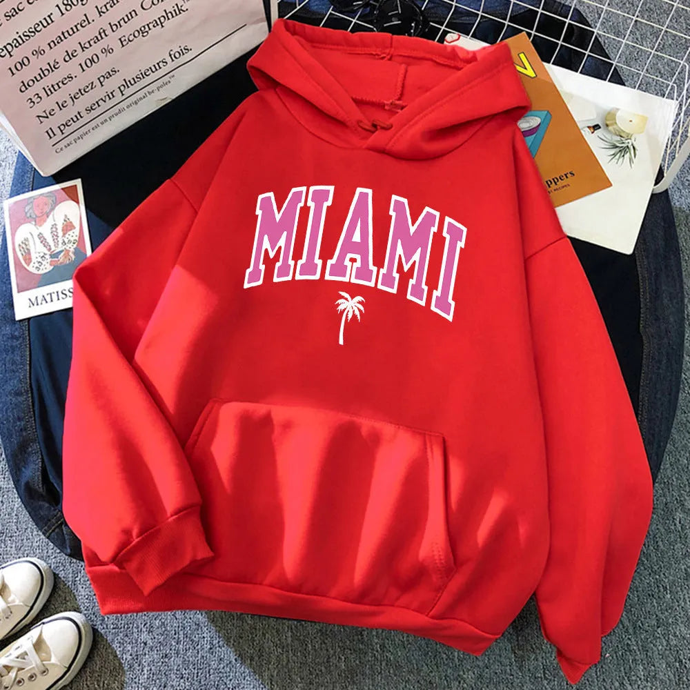 Women's loose pullover hoodie in polyester, shown in multiple colours including white, black, red and blue, sizes XS to XXXL