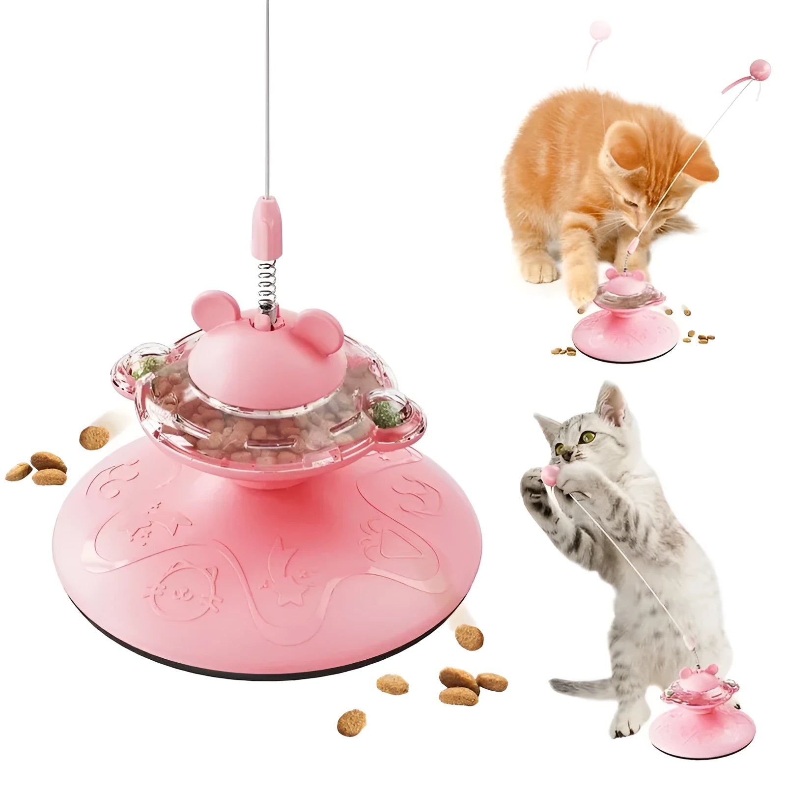Cat teaser wand with suction cup spring toy in three colours: pink, purple, yellow, measuring 13x13x36 cm