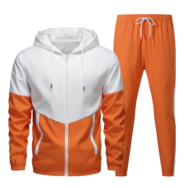 Men's casual sport jacket set in army green with hooded jacket and matching pants, synthetic fibre blend fabric