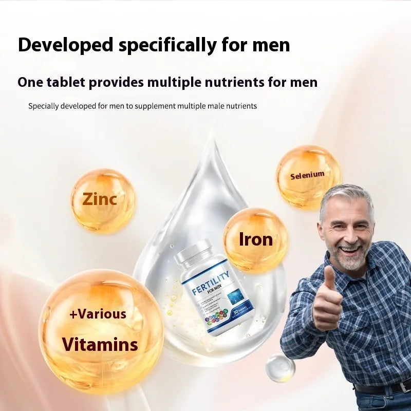 Bottle of male fertility tablets containing 60 count with COMLEX vitamin mineral amino acids formula.
