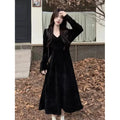 Women's V-neck knitted dress sweater in polyester with long skirt and princess sleeves