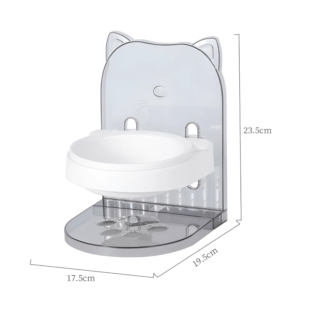 Grey cat feeding bowl with anti-spill design and removable cat ears for neck protection