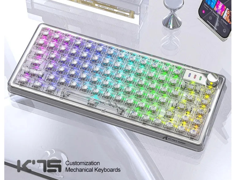 Attack Shark K75RGB white transparent wireless mechanical keyboard with RGB backlighting on a desk