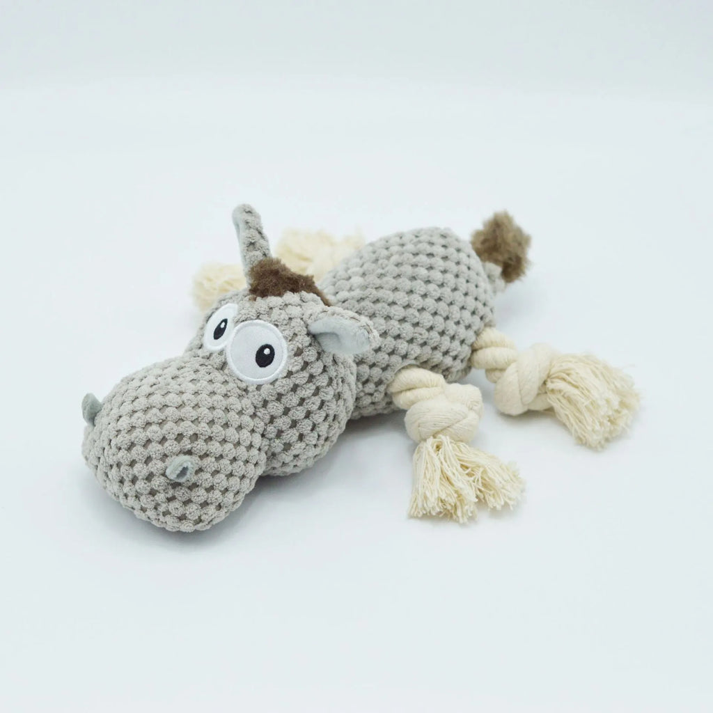 Grey donkey plush dog toy with creak sound mechanism measuring 27 x 20 x 9.5 cm
