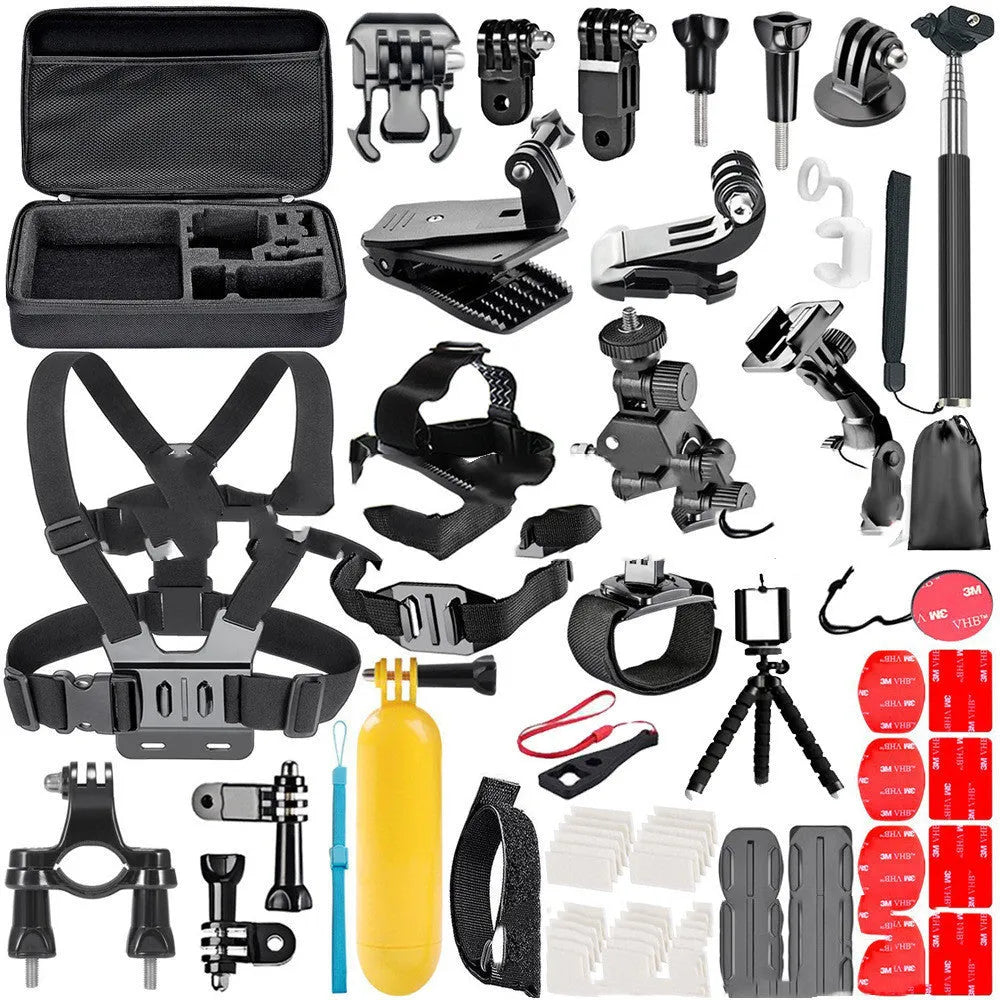 Black GoPro accessories set with a chest strap and a helmet tripod mount on a white background.