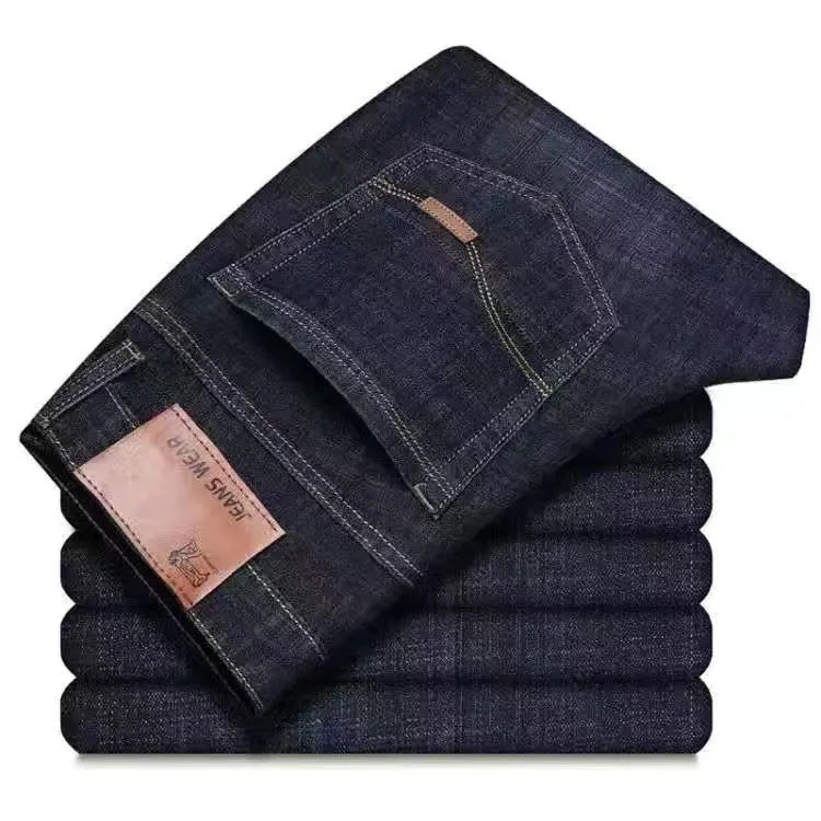 Elastic men's straight tube loose casual jeans in denim, blue colour, side view showing straight leg and waistband