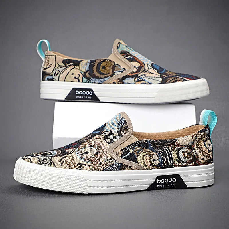 Canvas slip-on sneakers in khaki colour with vulcanised rubber sole and round toe design