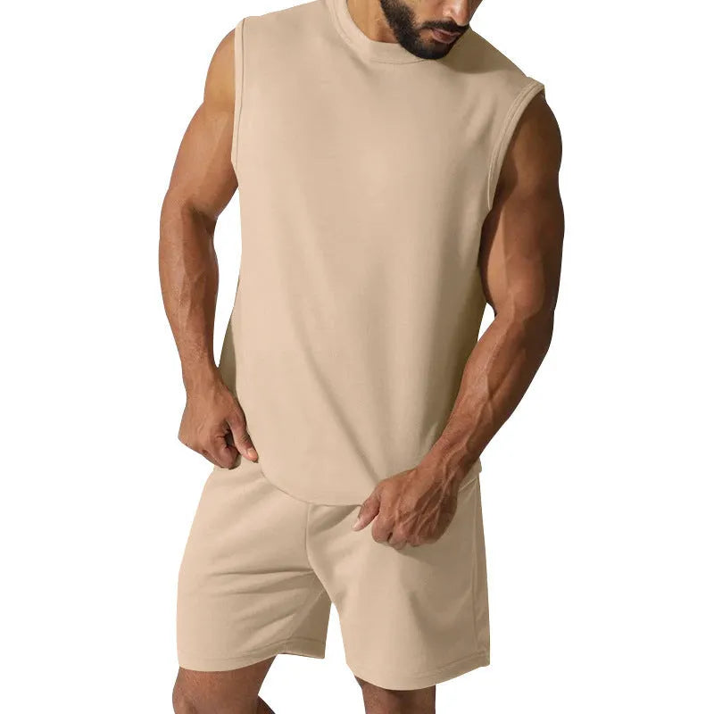 Men's sleeveless sports top and matching shorts casual set in cotton blend fabric