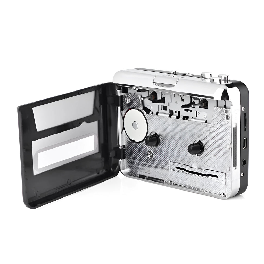 Silver USB cassette tape to MP3 converter unit with USB cable and earphones.