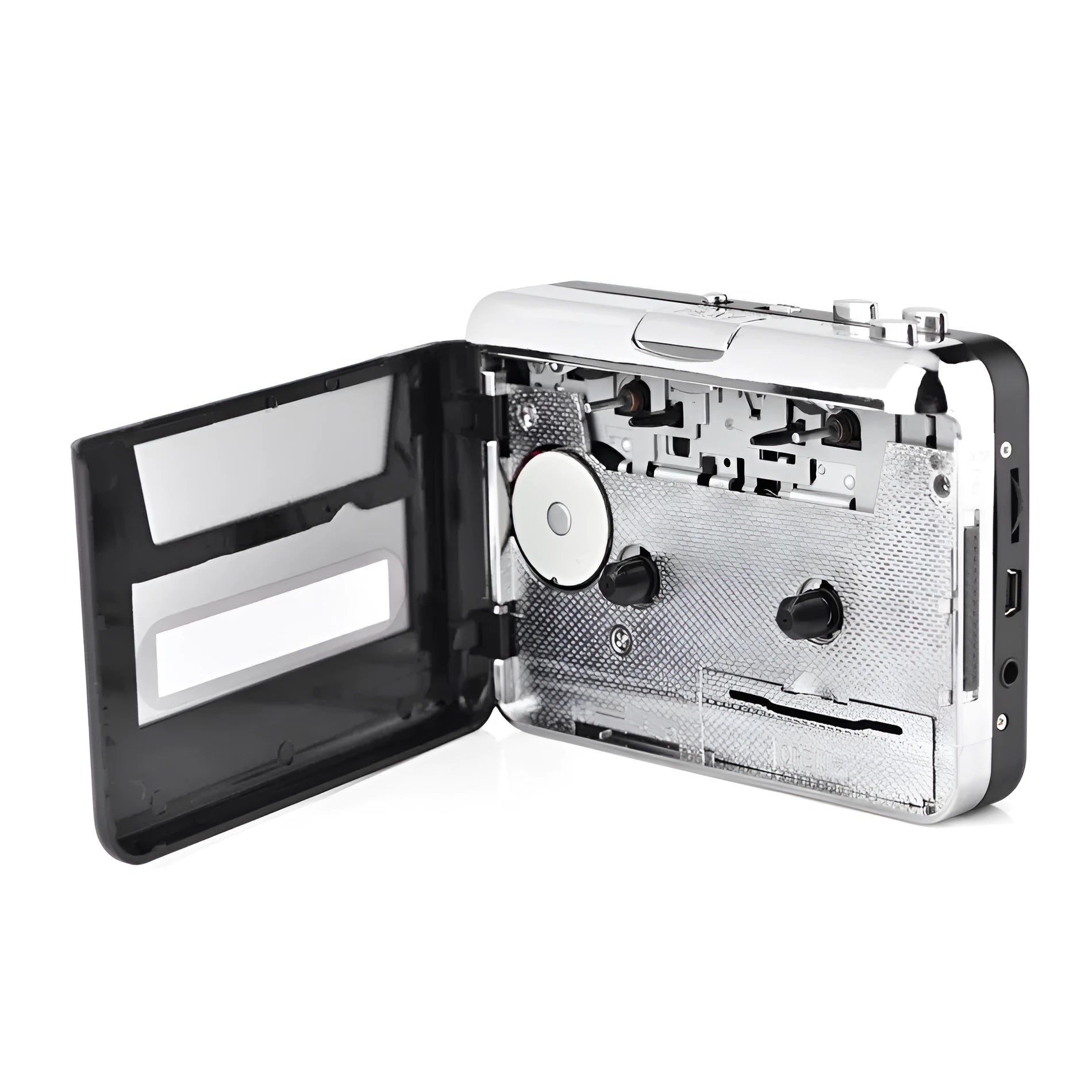 Silver USB cassette tape to MP3 converter unit with USB cable and earphones.