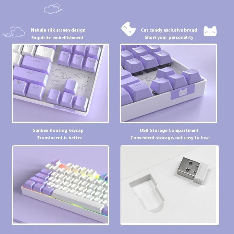 Wireless Bluetooth mechanical keyboard with metal board in purple-white or blue-white colour options