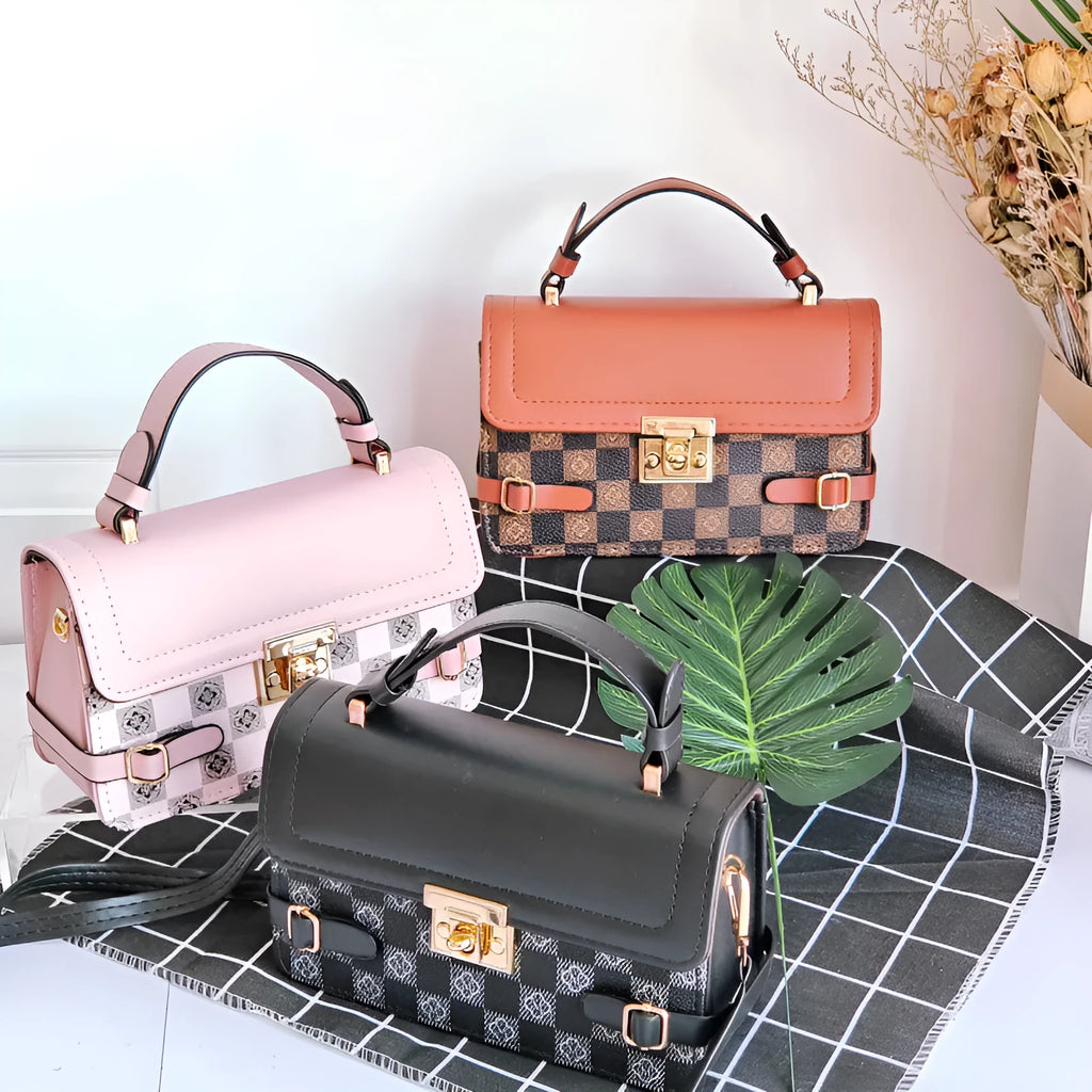 Retro small square pattern crossbody bag in apricot colour, showing horizontal square shape and stitching detail.