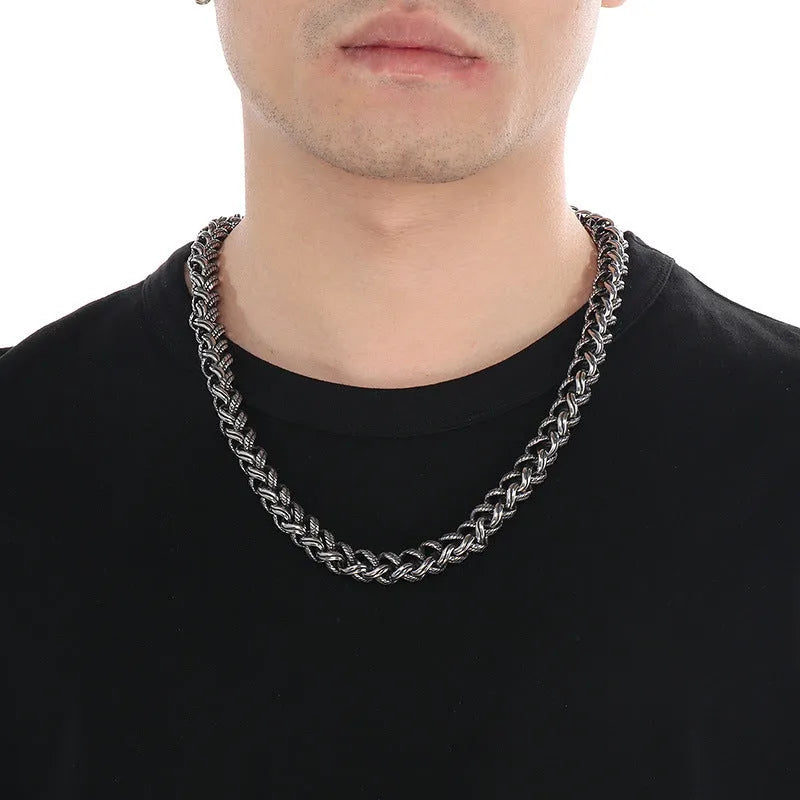 Men's antique silver titanium steel keel chain necklace with large hemp flowers links.
