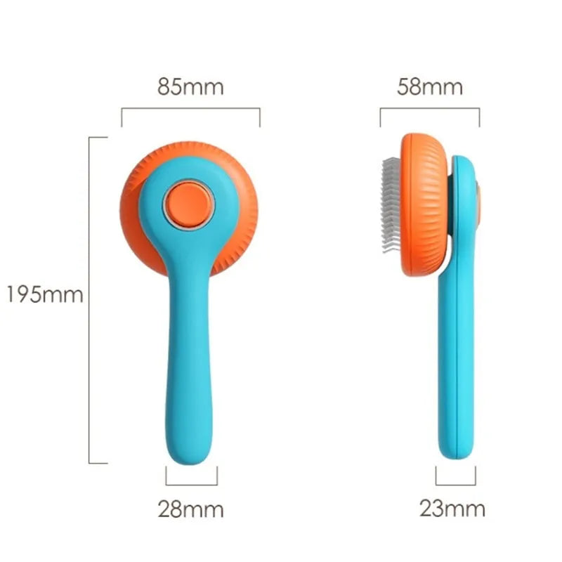 Blue and white dual-sided pet grooming brush for cats and dogs with self-cleaning feature.