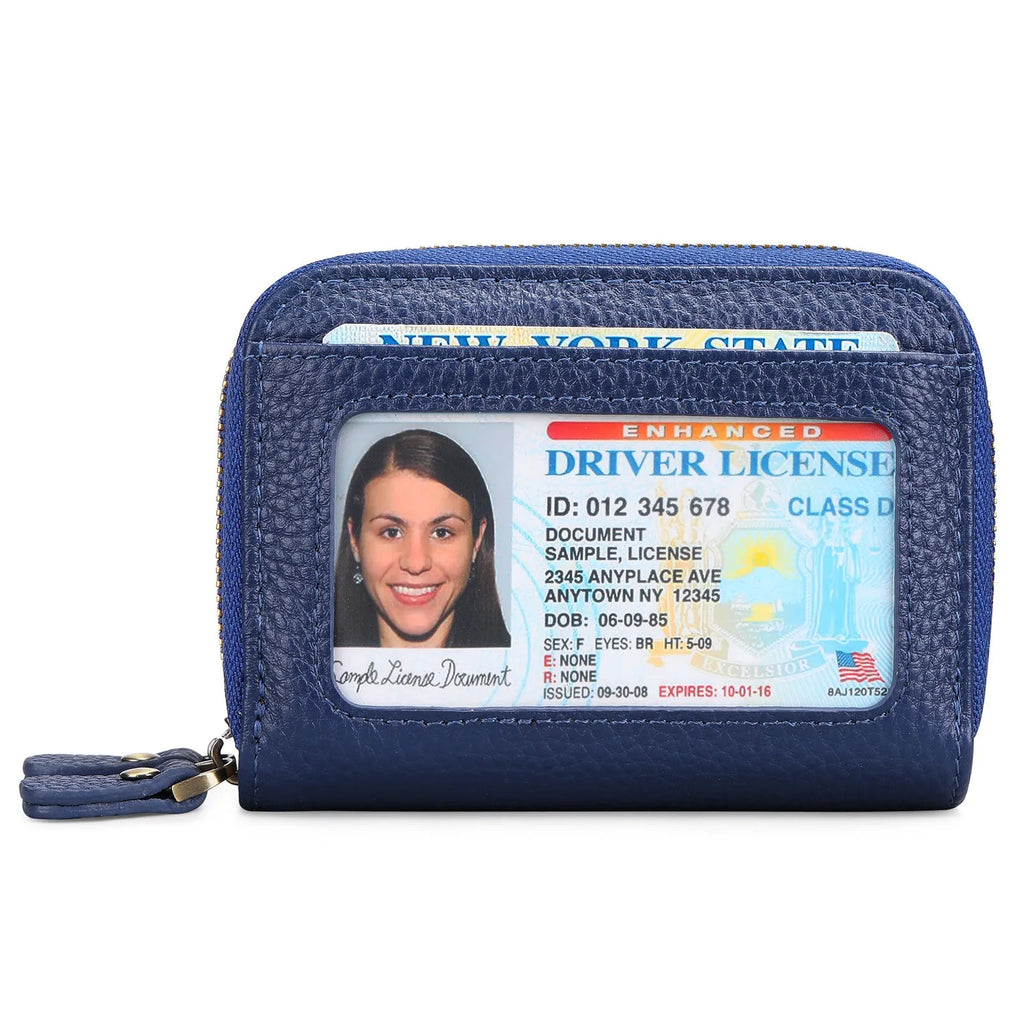 Cowhide double layer zipper expanding card holder in black with anti-theft credit card protection and gift box