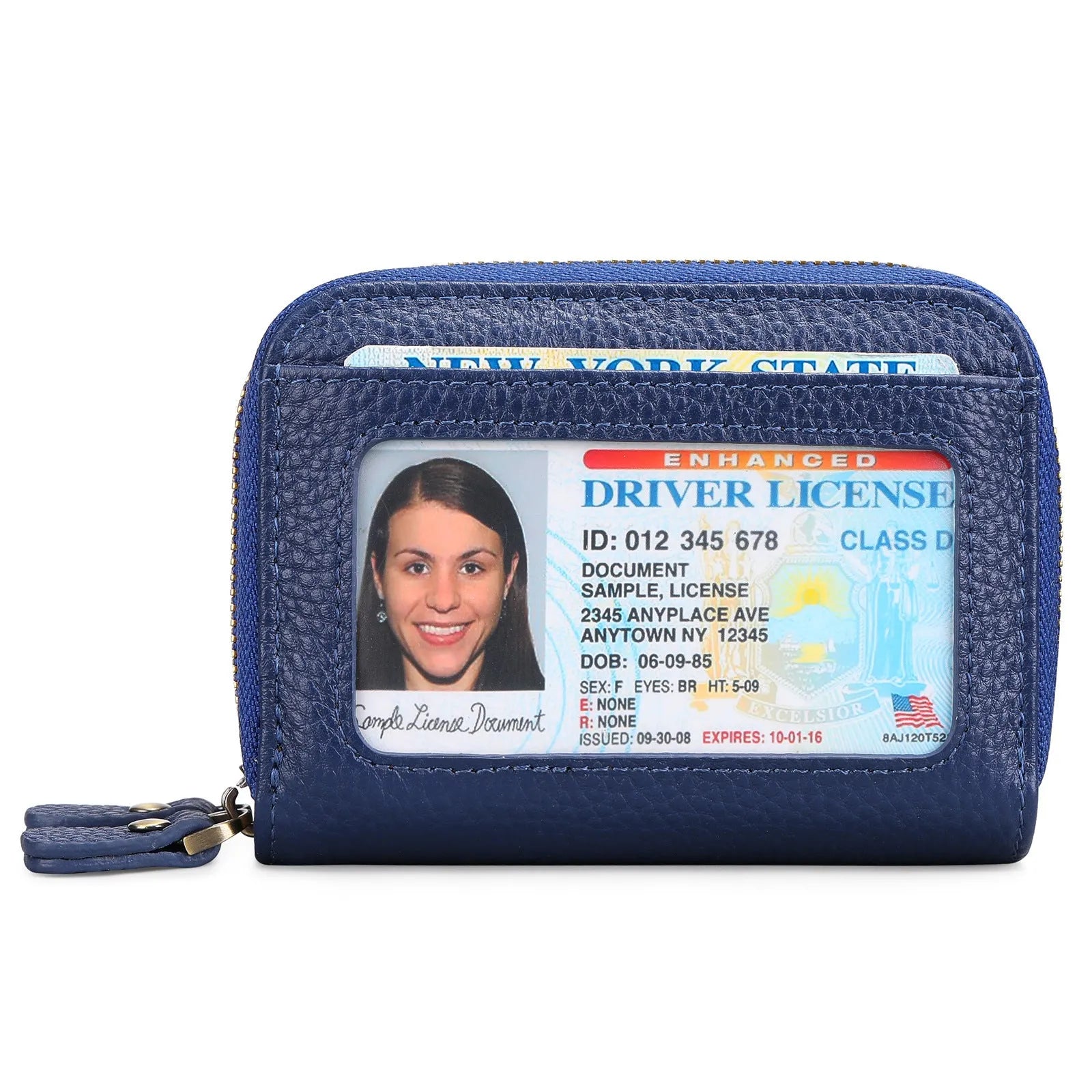 Cowhide double layer zipper expanding card holder in black with anti-theft credit card protection and gift box