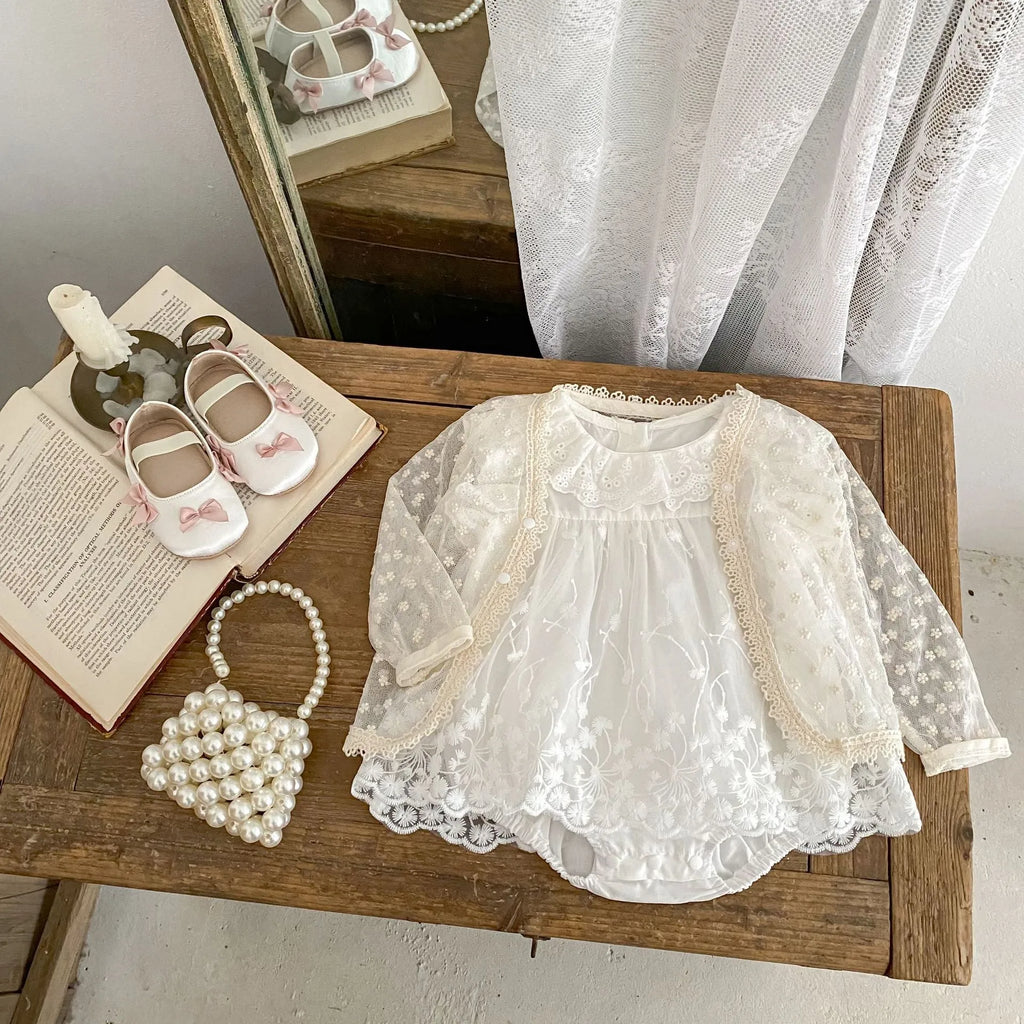 Girls cotton flounced sleeve lace triangle jumpsuit sleeveless creamy white summer