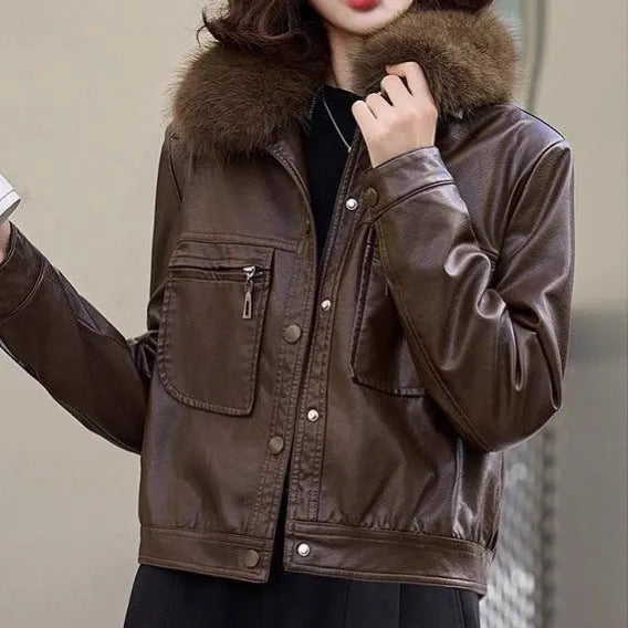 Women's fleece-lined faux leather coat in black, short lapel Western style, available in sizes L to 4XL