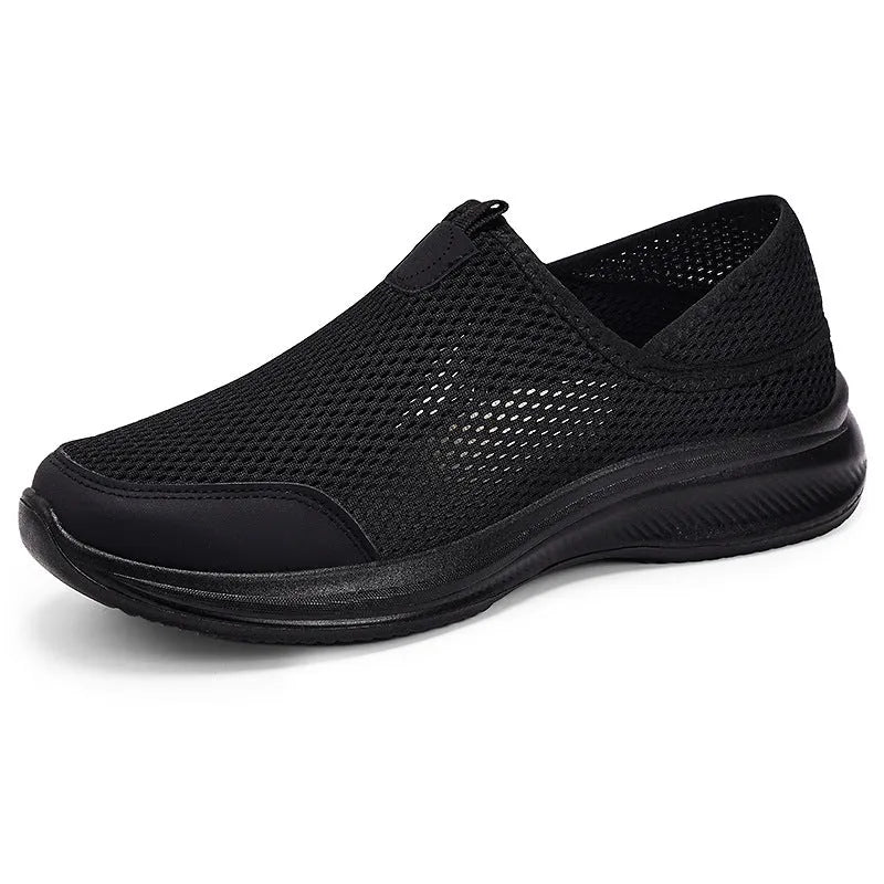 Summer breathable casual shoes with mosquito repellent mesh upper, PU texture, flat heel, low top, in black