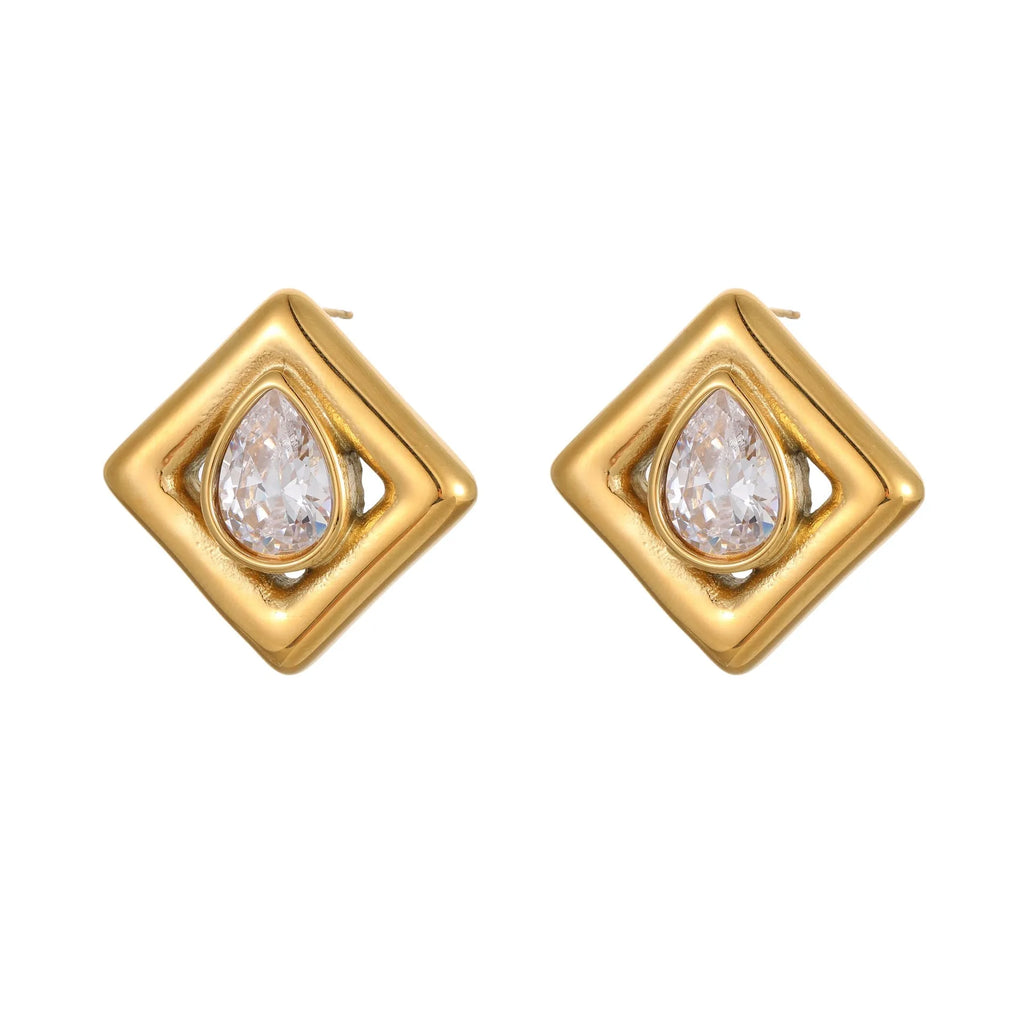 Gold geometric water drop design stud earrings with zircon accents on stainless steel