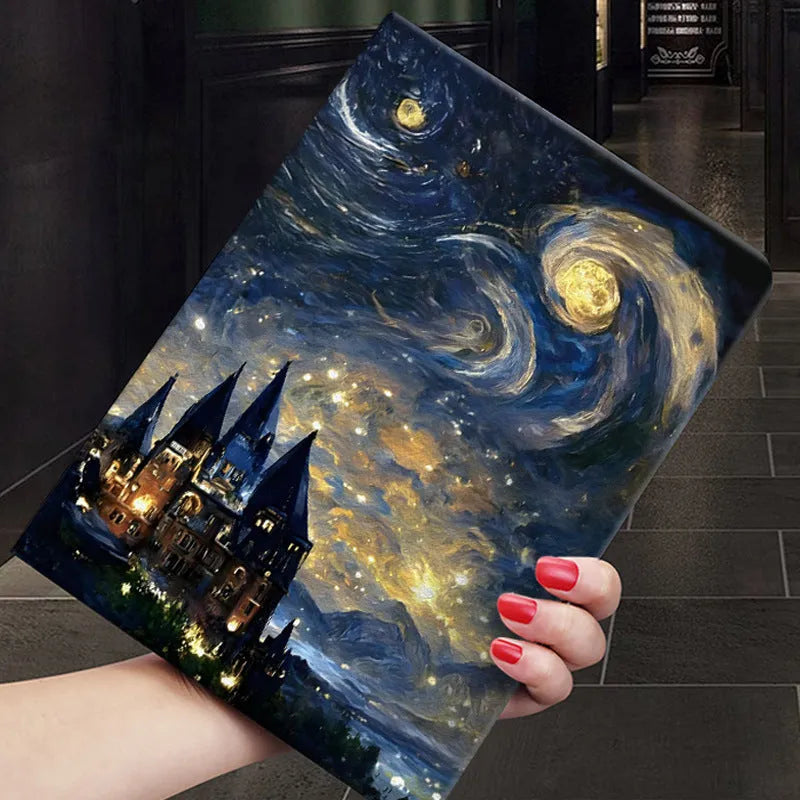 Handmade liquid silicone flip case for iPad with floral artwork on the cover.