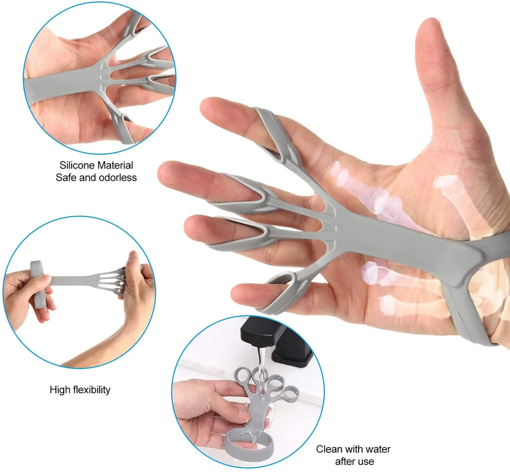 Three silicone finger pullers in grey, blue, and black on a white surface