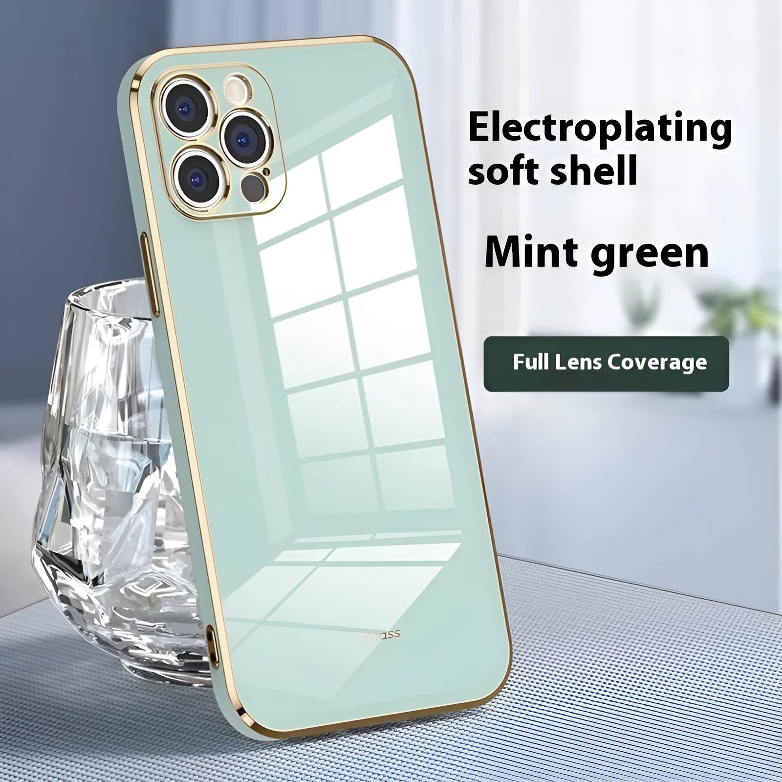 iPhone 15 Pro in a mint green TPU phone case with a silver electroplated edge on a white surface.
