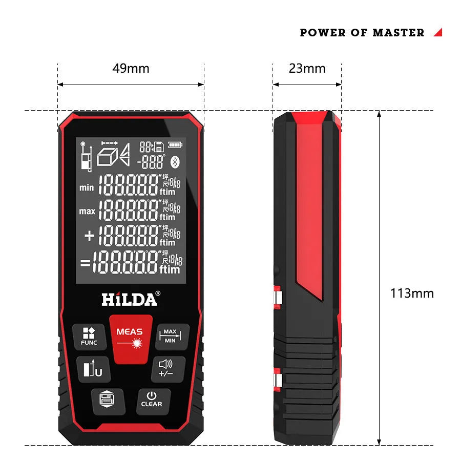 A handheld plastic laser rangefinder for measuring distances of 100 or 120 metres.