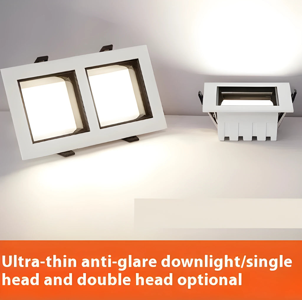 LED ultra-thin square downlight recessed in ceiling grid grille, aluminium shell, side view of flush mount installation