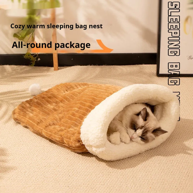 Flannel cat sleeping bag nest measuring 50 by 40 cm in blue rabbit design.
