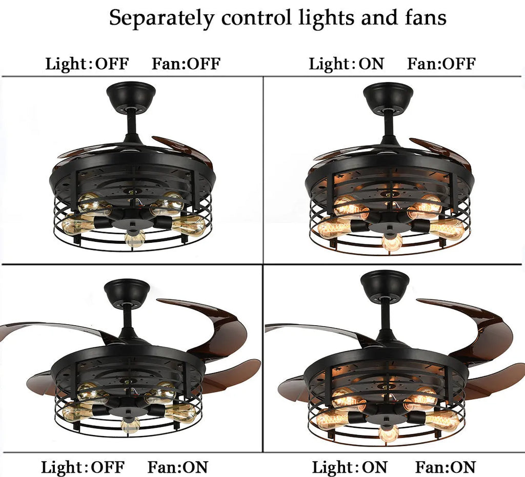 American retro styled ceiling fan lamp with integrated light and acrylic blades, shown with remote control.