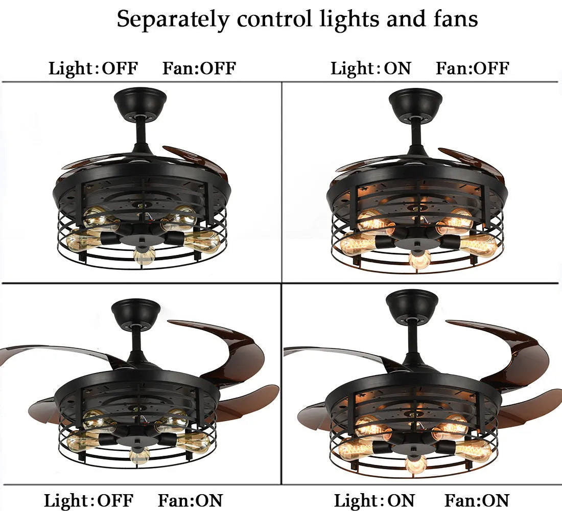 American retro styled ceiling fan lamp with integrated light and acrylic blades, shown with remote control.