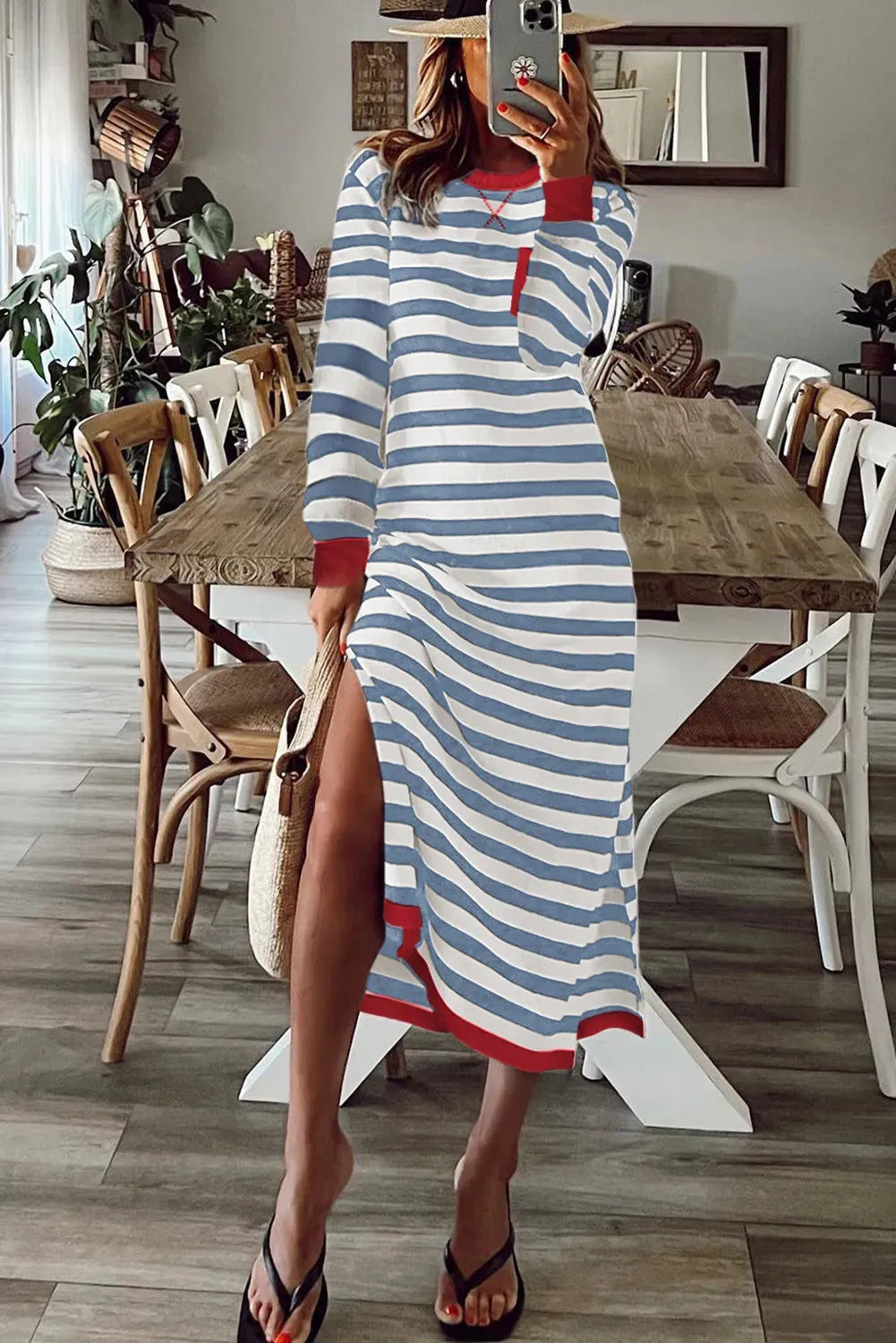 Striped printed long sleeve dress with contrast edge, Rose Stripe colour, on a female model, front view, showing the long sleeves and stripe pattern.