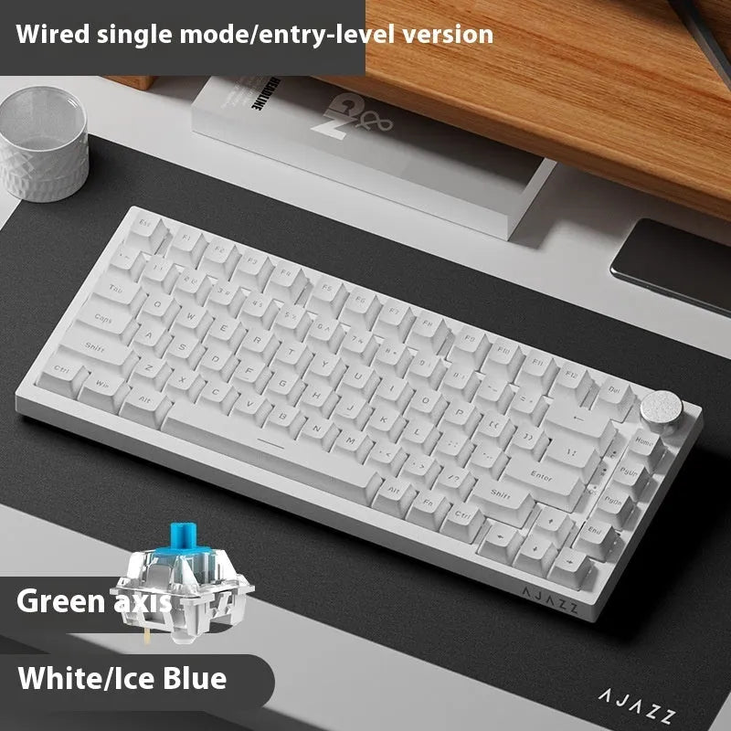 Wireless Bluetooth three-mode mechanical keyboard with hot swap side engraving, black PBT keycaps on desk