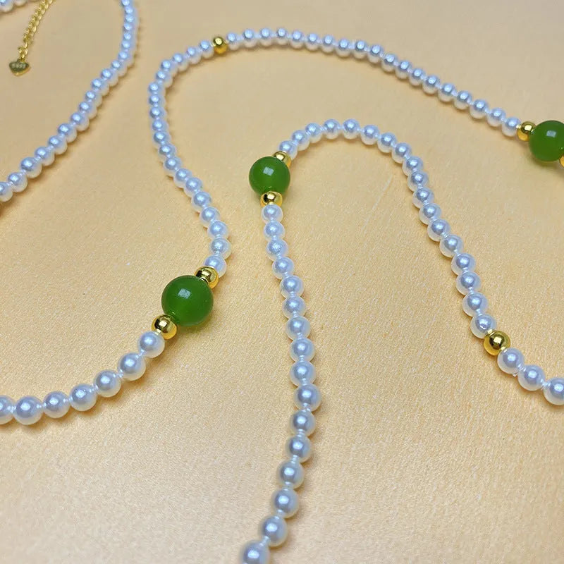 925 sterling silver twin clavicle necklace with 4mm pearl, 8mm green chalcedony bead and 4mm silver beads