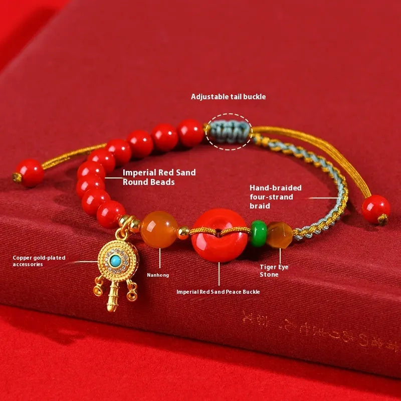 Red cinnabar bracelet with hand-woven geometric peace buckle in national style
