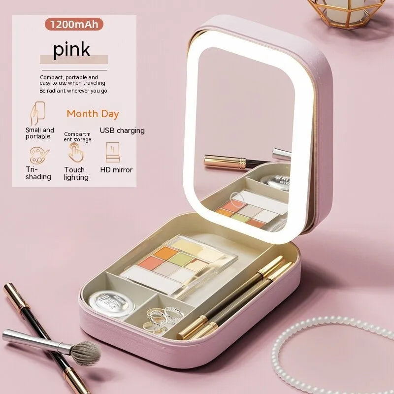 Portable makeup storage box with LED light mirror showing adjustable stand and storage compartment