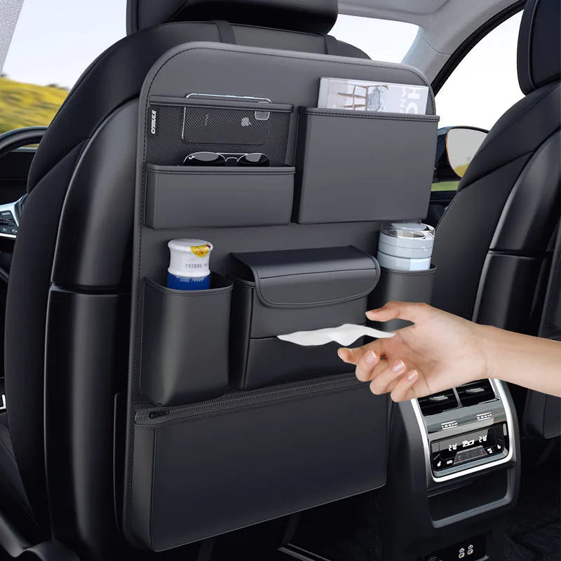 Black leather car seat back hanging storage bag with handle for vehicle organisation