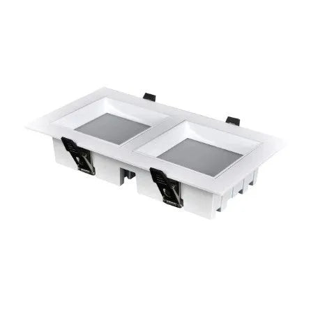 LED ultra-thin square downlight recessed in ceiling grid grille, aluminium shell, side view of flush mount installation
