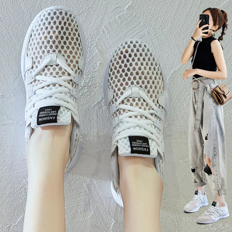 Men's low-top casual sneakers with mesh upper and hollow-out design in white