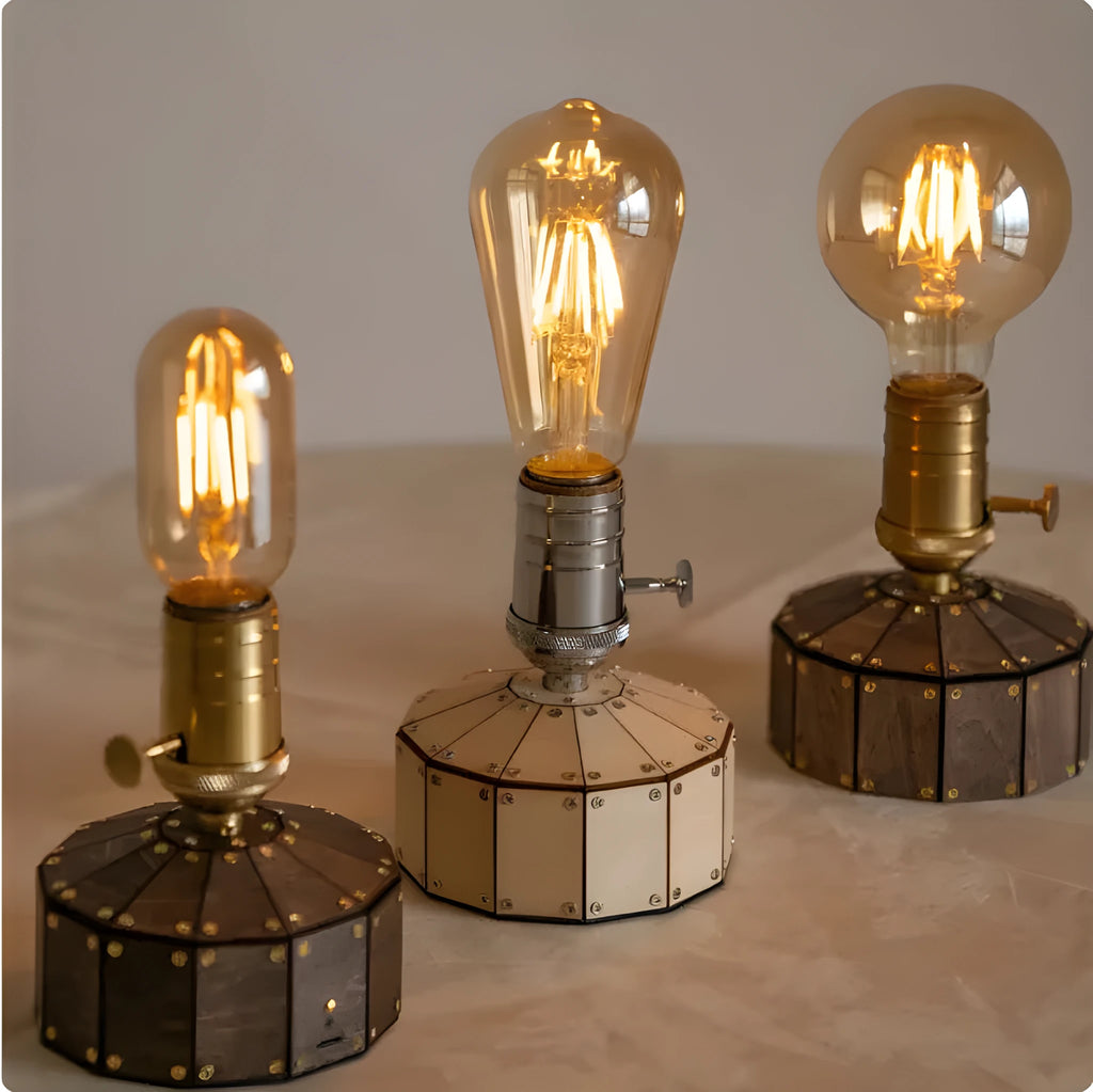 Retro rechargeable LED bedside ambient light with glass lampshade and wooden base