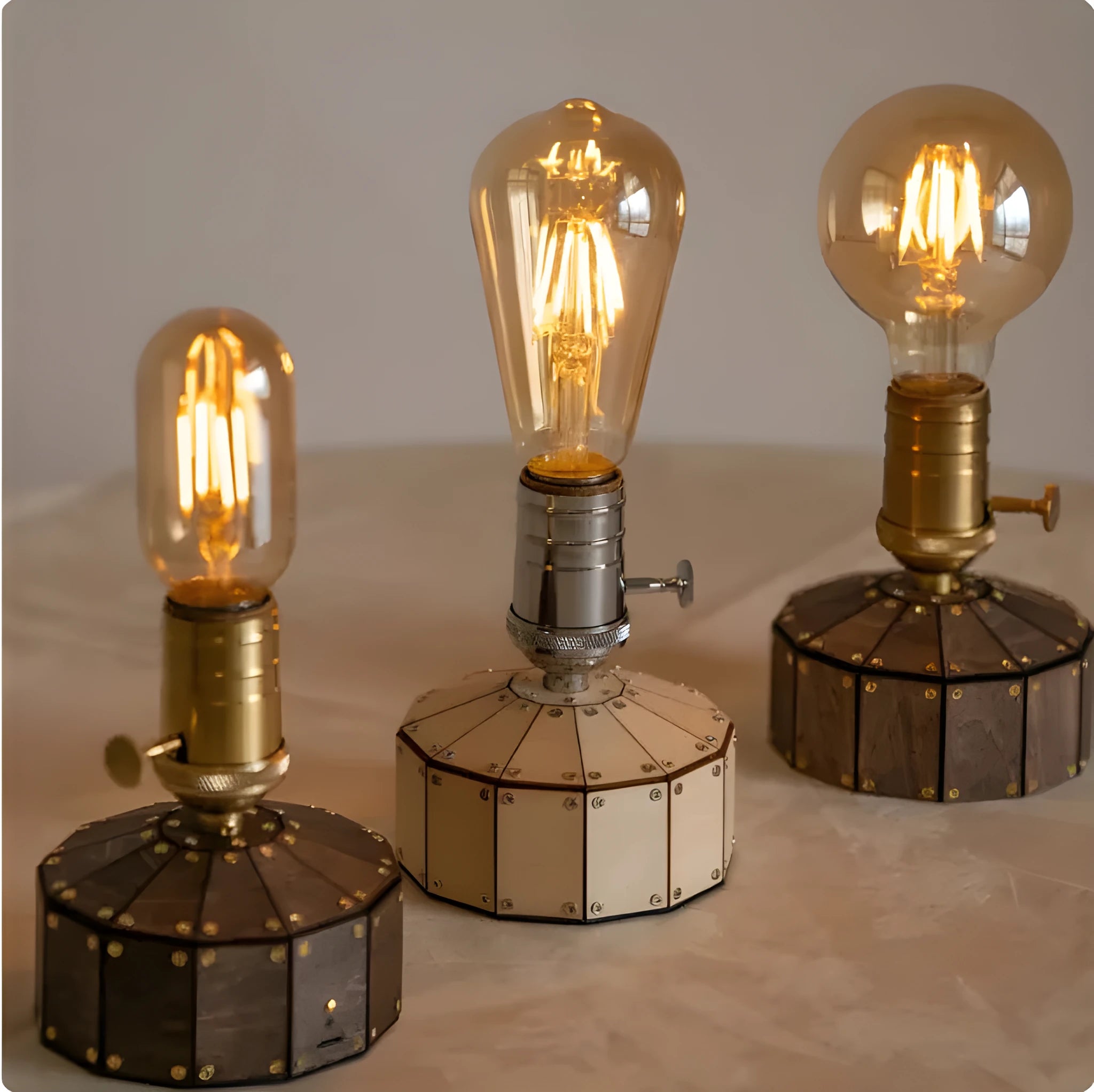 Retro rechargeable LED bedside ambient light with glass lampshade and wooden base