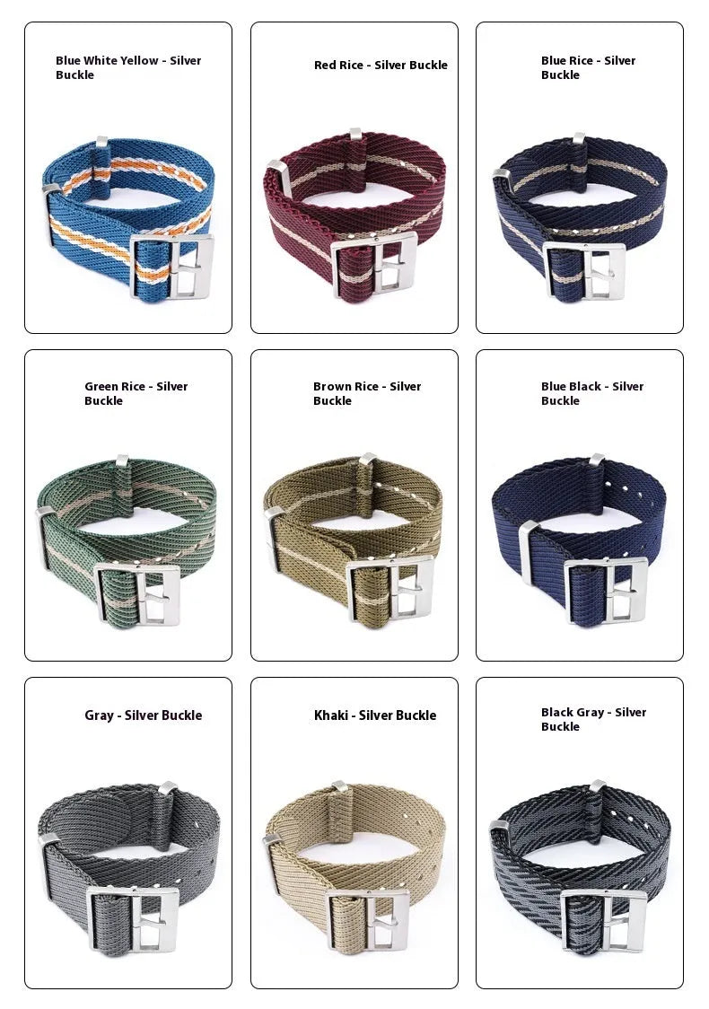 Nylon woven canvas watch strap with silver buckle in retro ethnic style, blue and white colour variant
