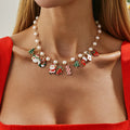 Gold Christmas tree candy snowman pendant necklace on clavicle chain for women