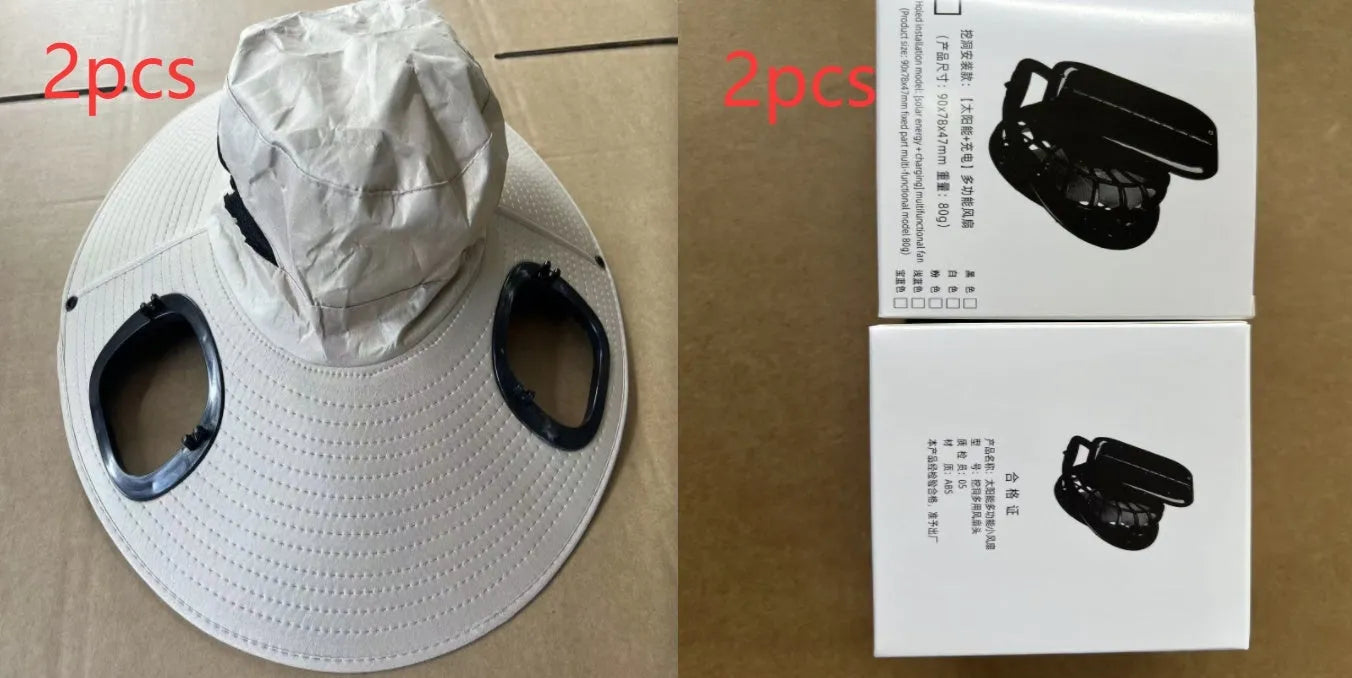 Men's grey solar fan cap with large shading eave and integrated cooling fan on brim.