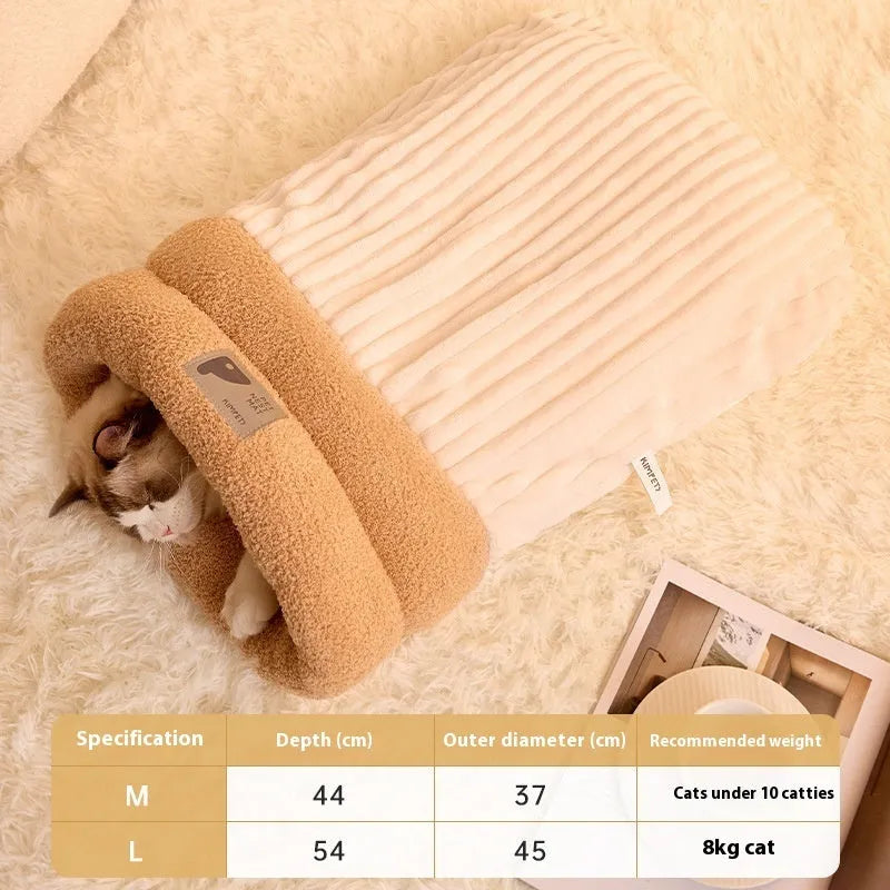 Brown semi-enclosed plush pet sleeping bag or cat nest bed on a wooden floor.