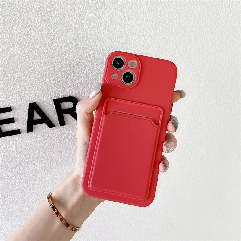 Sky blue silicone iPhone case with card slot for iPhone 13 14 15 16 series models